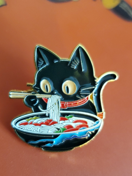 Jewelry - Black Cat Ramen Enamel Pin - Cute Cat with Noodles